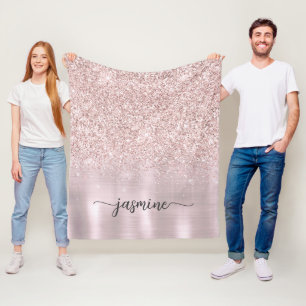 Roze Gouden Glitter Metallic Monogram Naam Script Fleece Deken