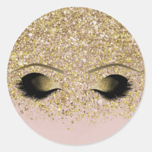 Roze & Gouden Glitter Moderne Gouden Make-up Wimpe Ronde Sticker
