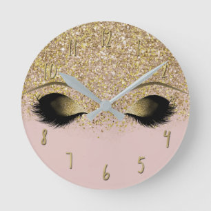 Roze & Gouden Glitter Moderne Trendy Glam Wimpers Ronde Klok
