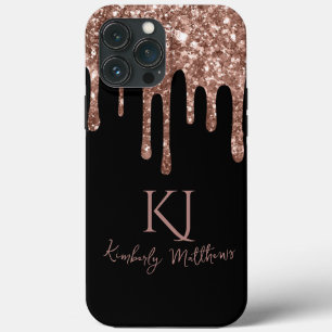 Roze Gouden Glitter Monogram Eerste Letters op Zwa iPhone 13 Pro Max Hoesje