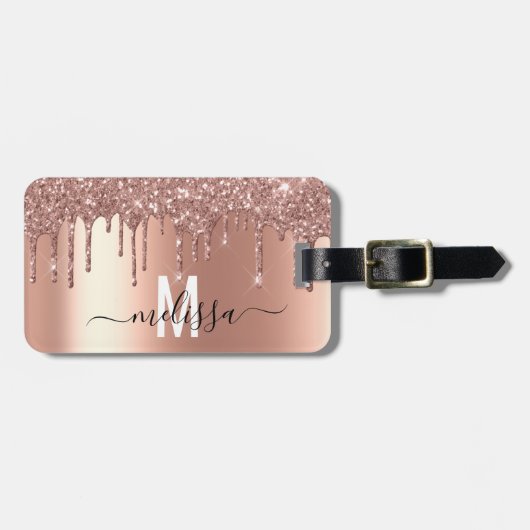 Roze Gouden Glitter Monogram Handgeschreven script Bagagelabel (Voorkant horizontaal)