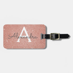Roze Gouden Glitter Monogram Naam Bagagelabel