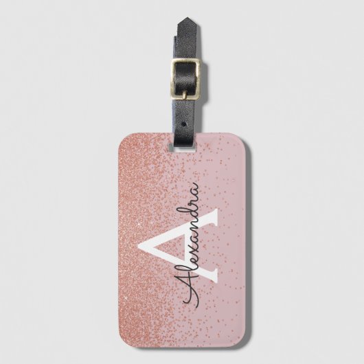 Roze Gouden Glitter Monogram Naam en Initiaal Bagagelabel (Voorkant (verticaal))