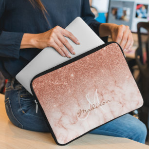 Roze Gouden Glitter ombre marmer Monogram Laptop Sleeve