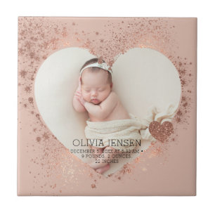 Roze Gouden Glitter Pasgeboren Foto Geboorte Stats Tegeltje