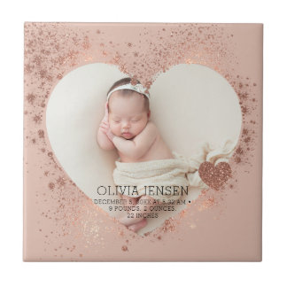 Roze Gouden Glitter Pasgeboren Foto Geboorte Stats Tegeltje