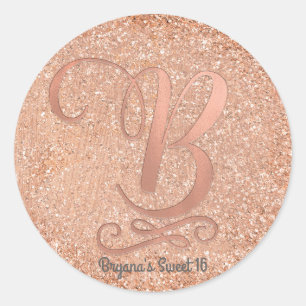 Roze Gouden Glitter Persoonlijke Initiële Letter B Ronde Sticker