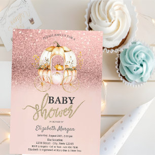 Roze Gouden Glitter Pompoen Koets Baby Shower Kaart
