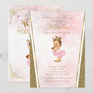 Roze & Gouden Glitter Prinses Vintage Baby Borrel Kaart