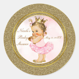 Roze Gouden Glitter Prinses Vintage Baby Meisje Fa Ronde Sticker