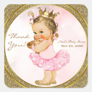 Roze Gouden Glitter Prinses Vintage Baby Meisje Fa Vierkante Sticker