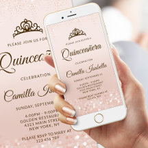 Roze Gouden Glitter Quinceañera Mobiele Uitnodigin