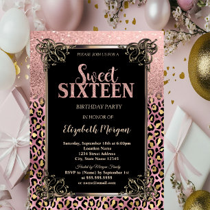 Roze Gouden Glitter Rand Luipaard Sweet 16 Kaart