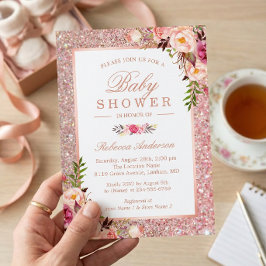 Roze Gouden Glitter Roze Bloemen Meisje Baby Showe Kaart