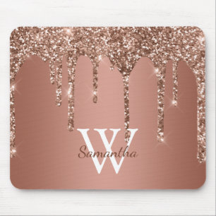 Roze Gouden Glitter Schitter Drip Monogram Naam Muismat