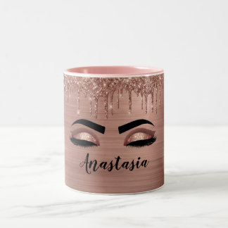 Roze Gouden Glitter Schitter Wimpers Monogram Naam Tweekleurige Koffiemok