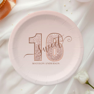 Roze Gouden Glitter Script Sweet 16 Verjaardag Papieren Bordje