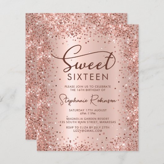 Roze Gouden Glitter Sweet 16 Verjaardagsuitnodigin (Voorkant / Achterkant)