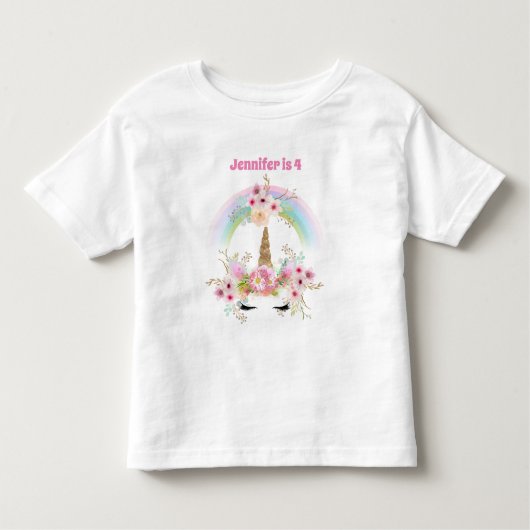 Roze Gouden Glitter UNICORN Bloemen 4e Verjaardag Kinder Shirts (Voorkant)
