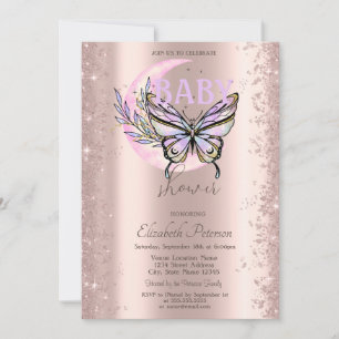 Roze Gouden Glitter Vlinder Maan Baby Shower Kaart