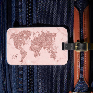 Roze Gouden Glitter Wereldkaart Blush Marmer Bagagelabel