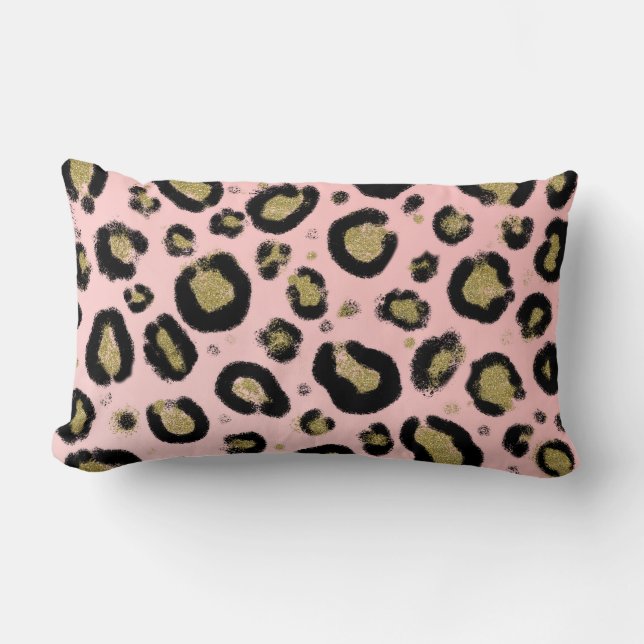 Roze Gouden Glitter & Zwarte Luipaard Print Kussen (Voorkant)