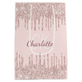 Roze gouden glitterdruppels monogram luxe medium cadeauzakje (Achterkant)