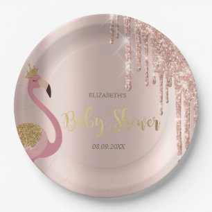 Roze Gouden Glitterdruppels Roze Flamingo Baby Bor Papieren Bordje