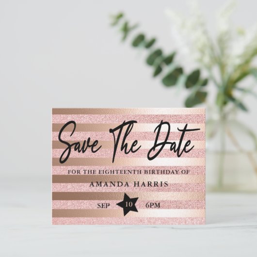 Roze Gouden Glitters 18e Verjaardag Save The Date Briefkaart (Staand voorkant)