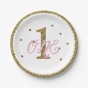 Roze & Gouden Glitters 1 EEN 1e Verjaardagsfeestje Papieren Bordje