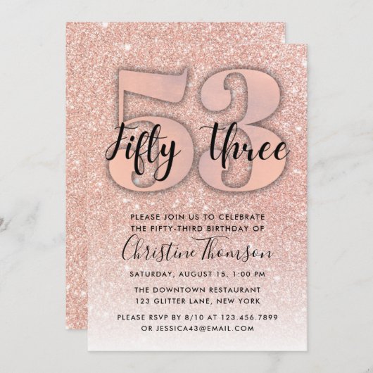 Roze Gouden Glitters 53e Verjaardagsuitnodiging Kaart (Voorkant / Achterkant)