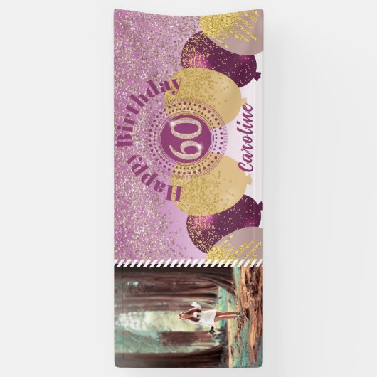 Roze Gouden Glitters 60e Verjaardag & Ballonnen Spandoek (Verticaal)