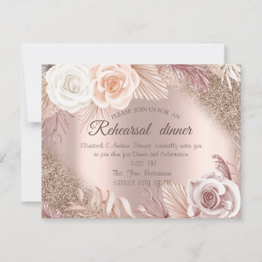 Roze Gouden Glitters Boho Bloemen Proef Diners Kaart (Voorkant)
