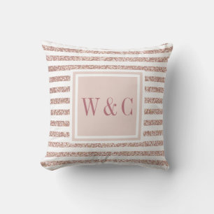 Roze Gouden Glitters en Witte Streep Monogram Kussen
