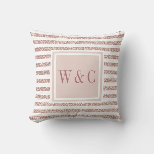 Roze Gouden Glitters en Witte Streep Monogram Kussen (Voorkant)