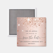 Roze gouden glitters save the date voor verjaardag magneet (Voorkant / Achterkant)