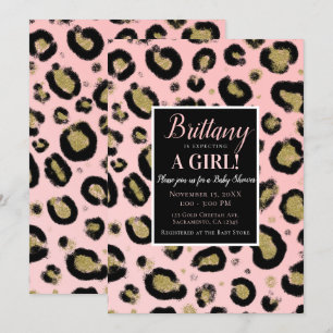 Roze Gouden Glitters & Zwarte Luipaard Baby Shower Kaart