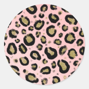 Roze Gouden Glitters & Zwarte Luipaard Baby Shower Ronde Sticker