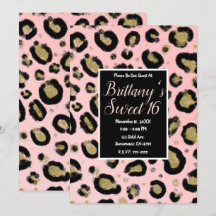Roze Gouden Glitters & Zwarte Luipaard Sweet 16 Fe Kaart