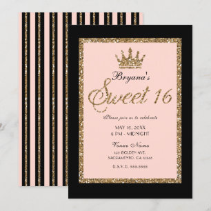 Roze Gouden Glitters & Zwarte Sweet 16 Prinsessen  Kaart
