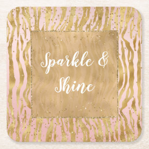 Roze Gouden Glitz Sparkle Zebra Print Vierkante Kartonnen Onderzetter