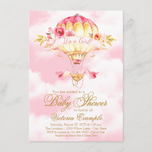 Roze Gouden Heet Luchtballon Baby Shower Uitnodigi Kaart