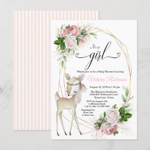Roze Gouden Herten Meisje Baby Shower Kaart