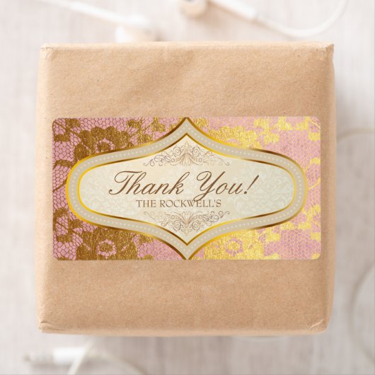Roze Gouden Kant Cream Bruiloft Label Dank u (Insitu)