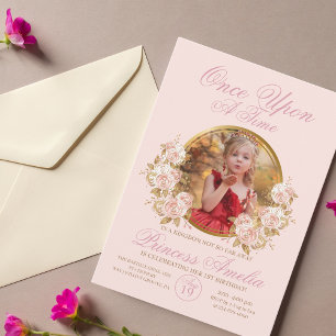 Roze Gouden Kasteel Prinses Foto 1e Verjaardag Kaart
