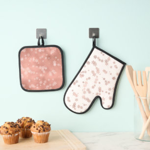 Roze Gouden Kerst Sneeuwvlokken Boom Kerstmis Ovenwant & Pannenlap Set