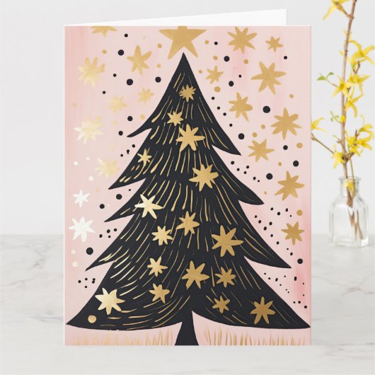 Roze Gouden Kerstboom Kaart (Gele Bloem)