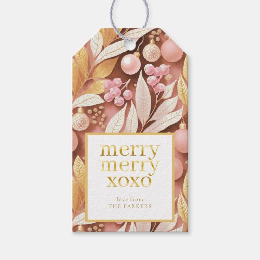 Roze Gouden Kerstmis Merry Pattern#22 ID1009 Cadeaulabel (Voorkant)