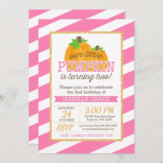 Roze Gouden Kleine Pompoen Meisje 2e Verjaardag Kaart (Voorkant / Achterkant)