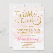 Roze Gouden Kleine Ster 1e Verjaardag Uitnodiging (Voorkant)